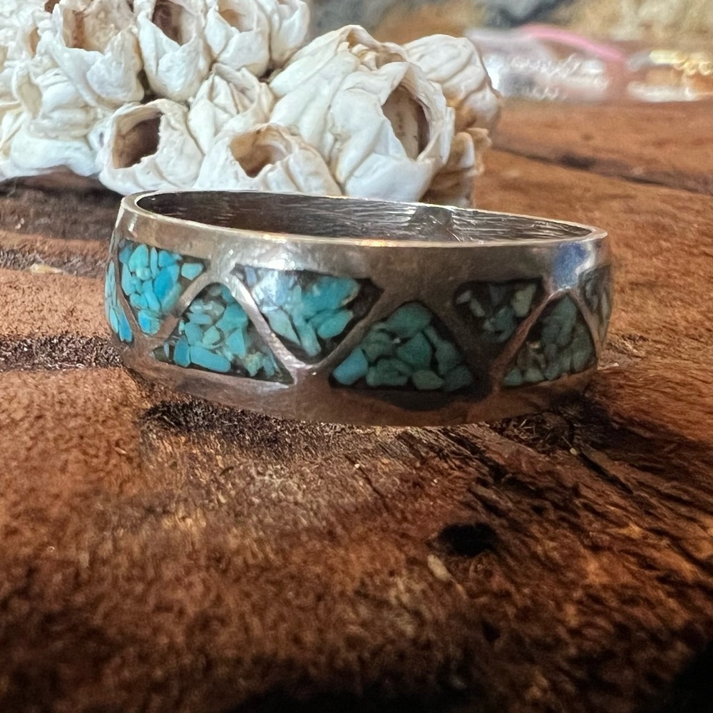 Native American Ring Band Crushed Turquoise Sterling Inlaid Navajo 10 Unisex - Picture 3 of 7